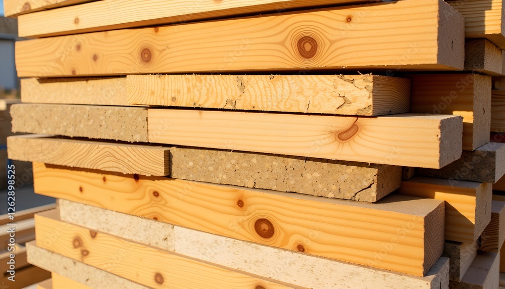 Freshly cut wooden planks stacked at construction site, warm sunlight.
