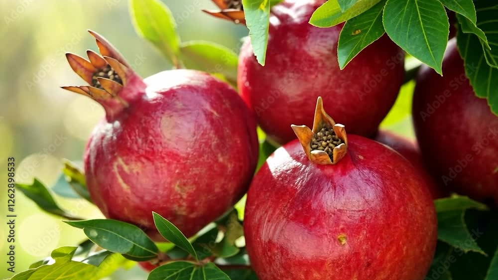 Ripe pomegranates on branch, outdoor garden setting Ripe pomegranates on branch, outdoor garden setting