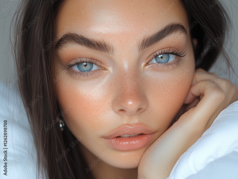 Close-up portrait of a woman with striking blue eyes, natural makeup, and a serene expression, highlighting beauty and elegance. Close-up portrait of a woman with striking blue eyes, natural makeup, and a serene expression, highlighting beauty and elegance.