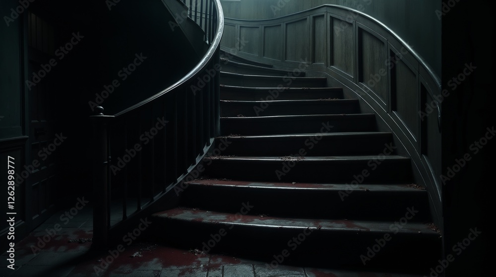 Fototapeta premium Dark Spiral Staircase – Blood-Stained Steps in a Haunted House