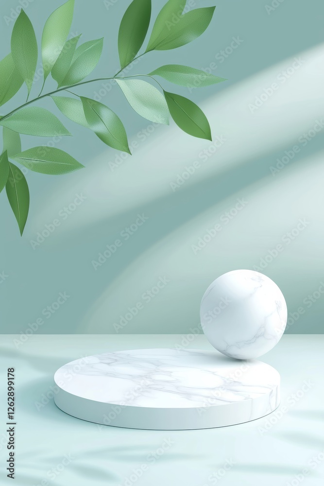 Minimalist design featuring a marble pedestal and a spherical object against a soft green backdrop with delicate leaves. Minimalist design featuring a marble pedestal and a spherical object against a soft green backdrop with delicate leaves.