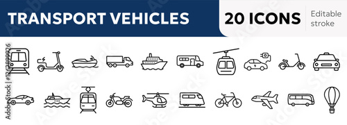 travel  transportation icons including airplane, car, bicycle, train, bus, taxi, motorcycle, scooter, helicopter, cruise ship