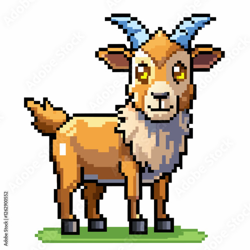 Retro Pixel Art Goat with Blue Horns Standing on Grass   Pixelated Animal Character Design