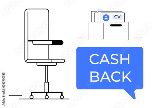 Office chair beside a folder containing CVs, accompanied by a large Cash Back speech bubble. Ideal for HR, recruitment, careers, job search, employee benefits, finance, modern workplace themes
