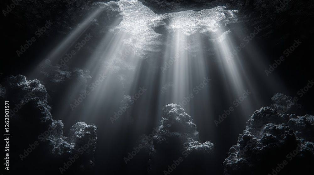 Obraz premium Sunlight streaming through cavern roof illuminating rocky landscape