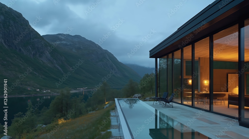 Modern Minimalist House With Infinity Pool Overlooking Lake And Mountains At Dusk Keywords modern ho Modern Minimalist House With Infinity Pool Overlooking Lake And Mountains At Dusk Keywords modern ho