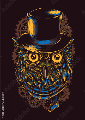 Steampunk Owl Illustration: A meticulously crafted digital illustration features a sophisticated owl adorned in steampunk attire, combining elements of Victorian aesthetics with futuristic machinery.