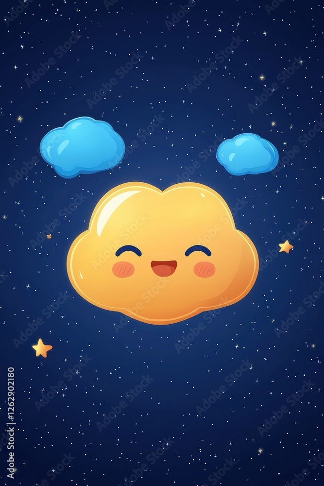 Fototapeta premium Cute cartoon cloud character smiling against a starry night sky, perfect for children's illustrations and cheerful designs.