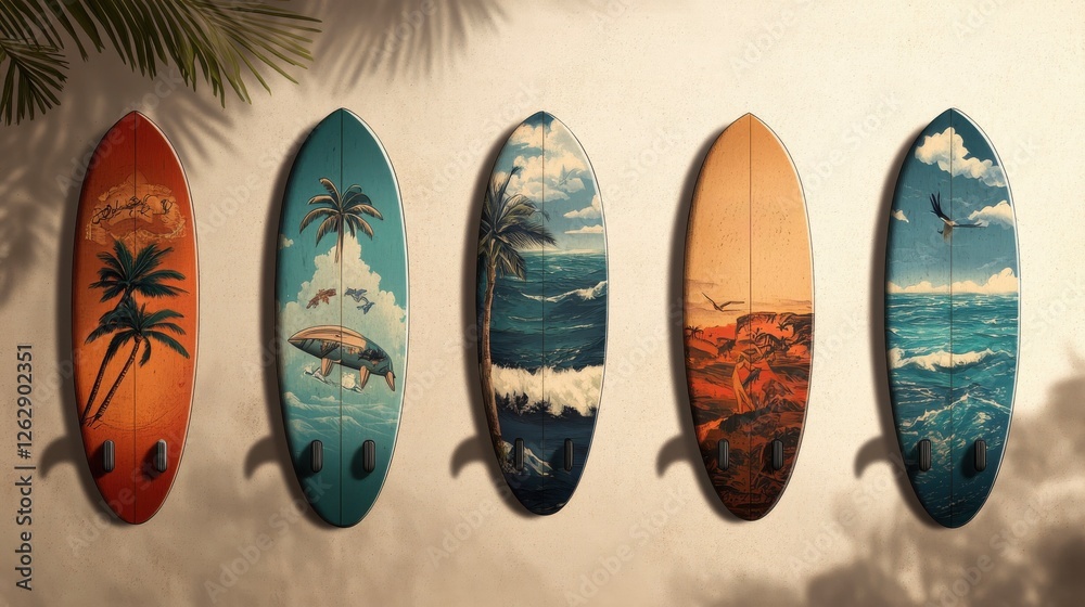 Five artistic surfboards display vibrant ocean-themed designs, leaning against a sunlit wall, surrounded by tropical shadows. Five artistic surfboards display vibrant ocean-themed designs, leaning against a sunlit wall, surrounded by tropical shadows.