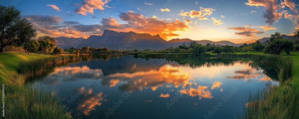 Tranquil Lake With a Reflected Sunset, Generative AI Tranquil Lake With a Reflected Sunset, Generative AI