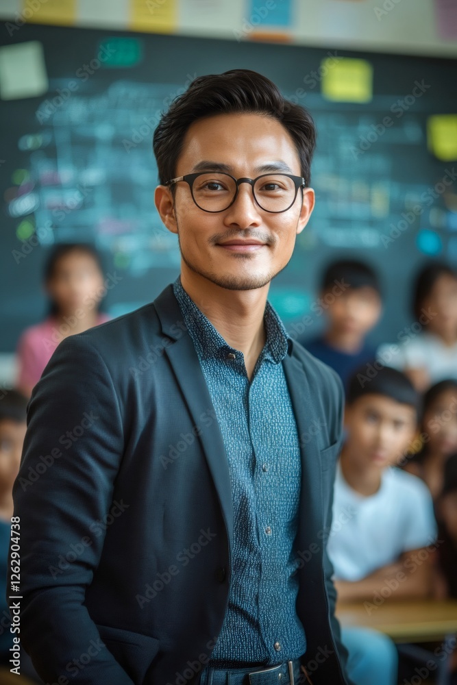 Obraz premium Asian teacher smiling in classroom with students in background