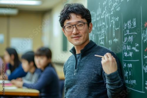 Smiling teacher explaining lesson at blackboard to students in classroom