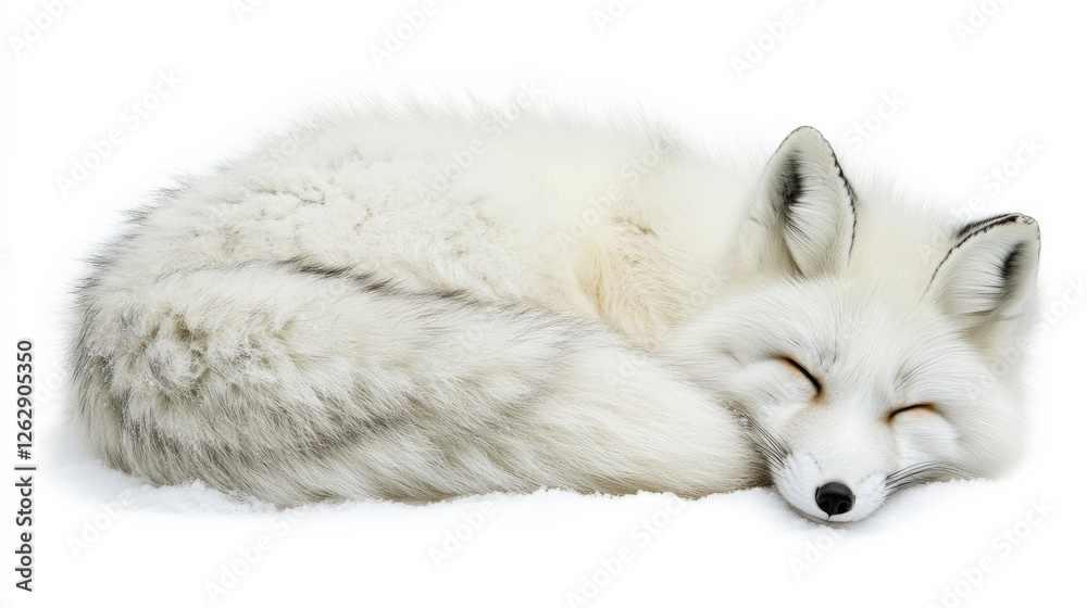 A serene arctic fox curled up and sleeping peacefully on a snowy surface, evoking tranquility A serene arctic fox curled up and sleeping peacefully on a snowy surface, evoking tranquility