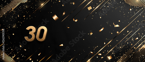 30 birthday minimalistic flatdecor with gold written number & confetti isolated over black background photo
