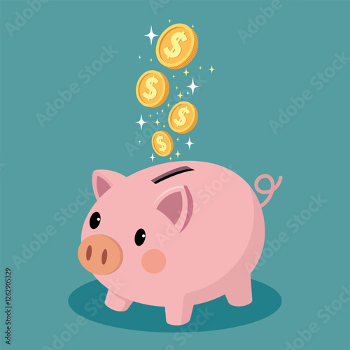 Illustration of a cute pink piggy bank. Gold coins with dollar symbol are falling into the piggy bank.