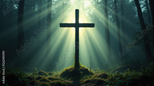 Sunlight shining through forest on wooden cross symbolizing Christian faith.