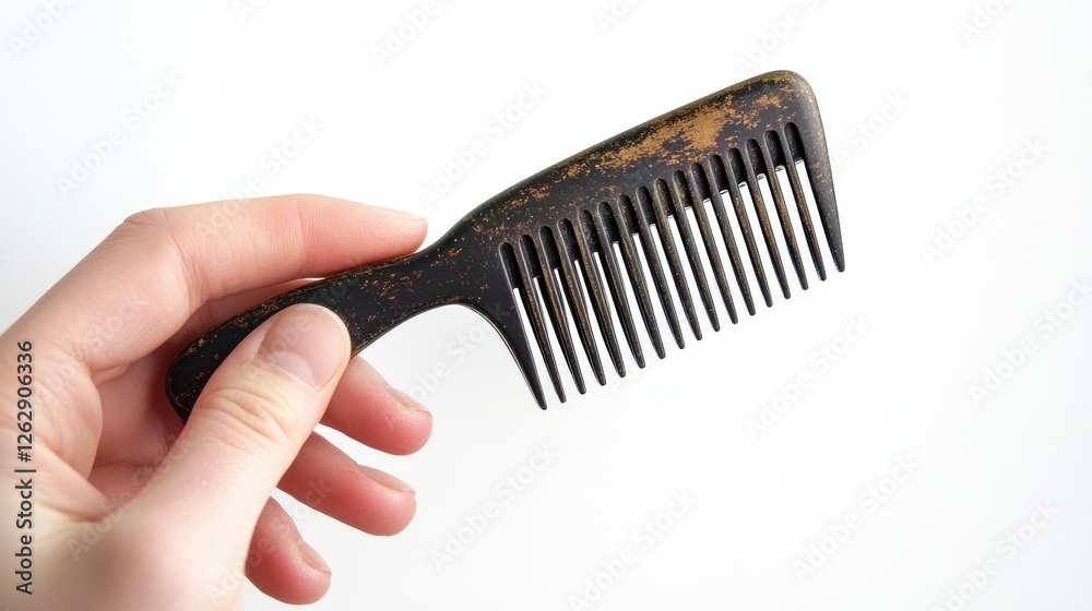 A hand holding a comb, with a few hair strands resting on the teeth of the comb, isolated against white. A hand holding a comb, with a few hair strands resting on the teeth of the comb, isolated against white.