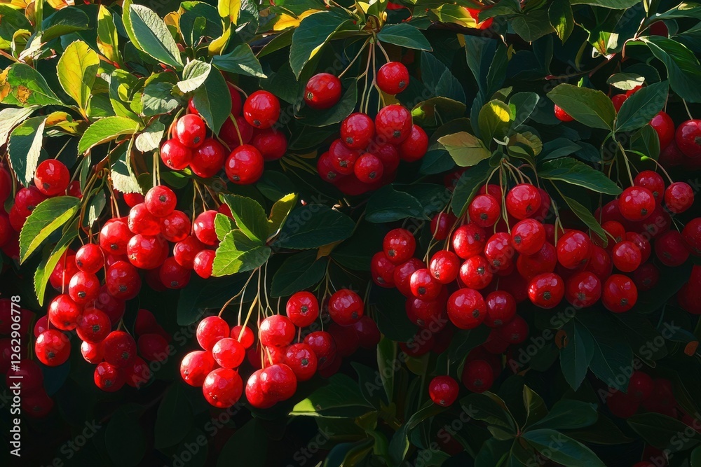 Fototapeta premium Close-up of vibrant red berries on branches. Use Nature, garden photography