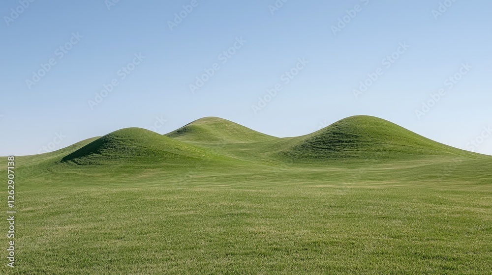Rolling green hills under a clear blue sky; serene landscape for background use Rolling green hills under a clear blue sky; serene landscape for background use