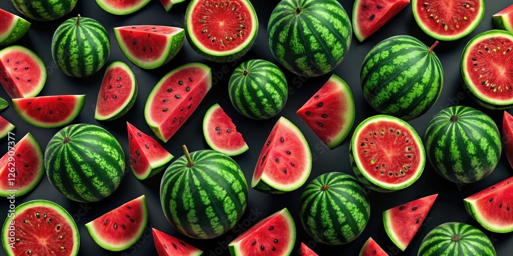 Cool summer watermelon pattern explodes on a black background, a refreshing design perfect for summer. Cool summer watermelon pattern explodes on a black background, a refreshing design perfect for summer.