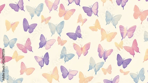 Small draw butterfly pattern, with pastel pink, purple and orange on a cream background.