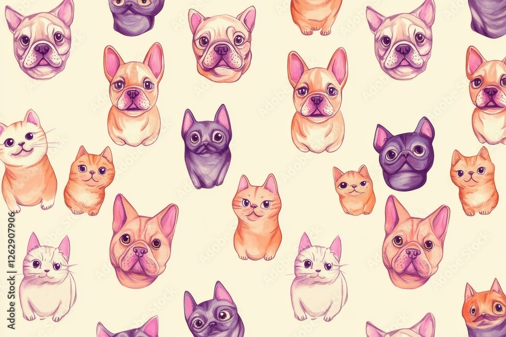 Obraz premium Small draw dog pattern, with pastel pink, purple and orange on a cream background.