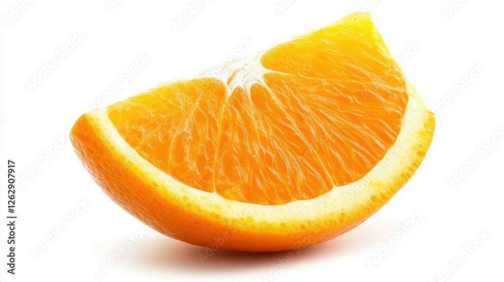 A macro shot of a single orange slice, highlighting its juicy segments and detailed texture, isolated on white. A macro shot of a single orange slice, highlighting its juicy segments and detailed texture, isolated on white.