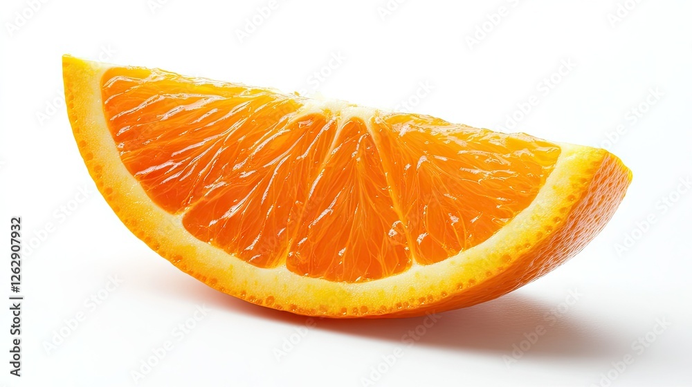 A macro shot of a single orange slice, highlighting its juicy segments and detailed texture, isolated on white. A macro shot of a single orange slice, highlighting its juicy segments and detailed texture, isolated on white.
