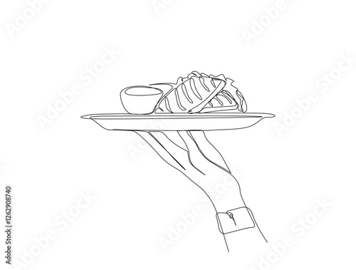 Continuous one line drawing of hand serving grilled steak on plate. Serving Grilled steak on plate in single line draw illustration. Editable stroke.