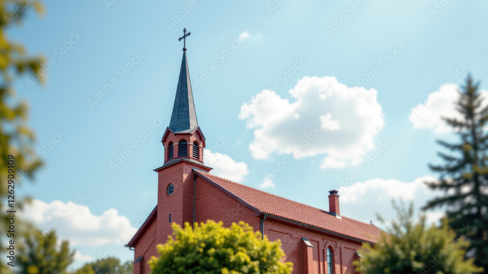 Obraz premium Stately brick church with tall spire and cross against clear blue sky.