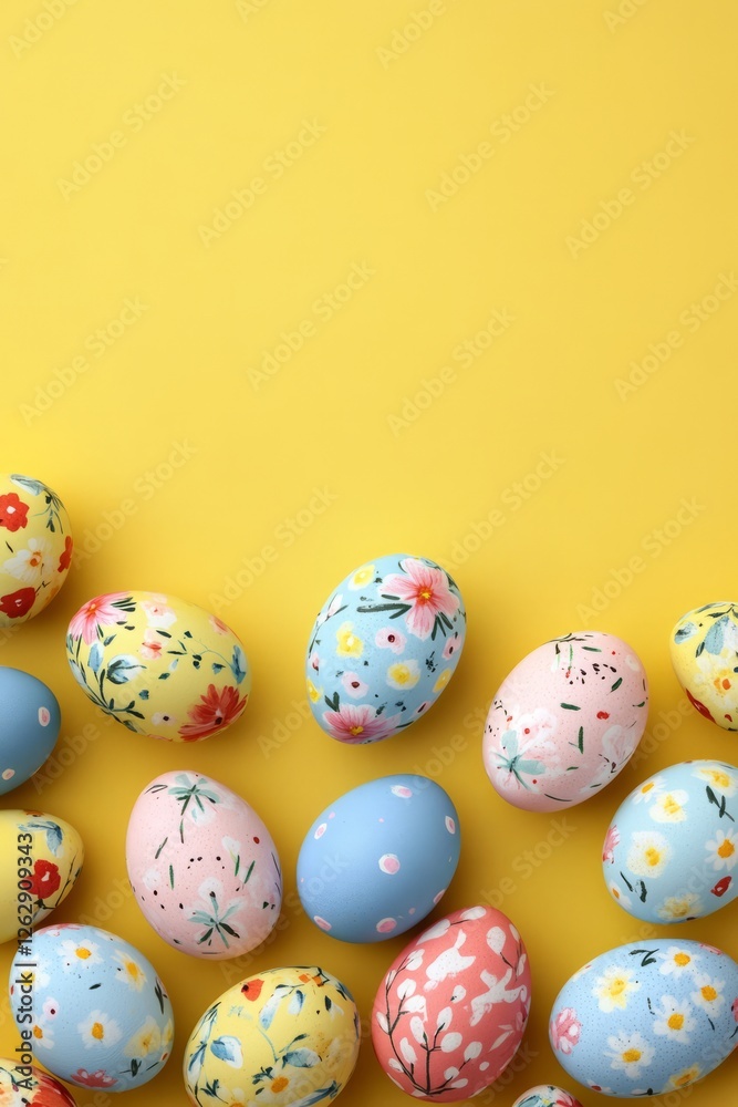 Easter eggs decorated with floral patterns creating a spring atmosphere, with space for text, vertical Easter eggs decorated with floral patterns creating a spring atmosphere, with space for text, vertical