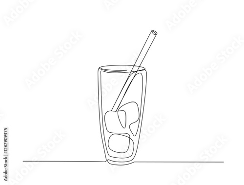 Continuous one line drawing of fresh juice on the glass. Healthy juice with garnish in single line draw illustration. Editable stroke.