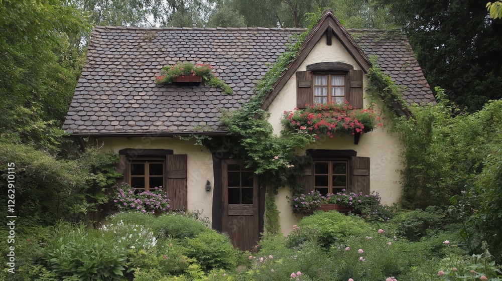 Charming Small Home With Lush Greenery And Colorful Flowers Charming Small Home With Lush Greenery And Colorful Flowers