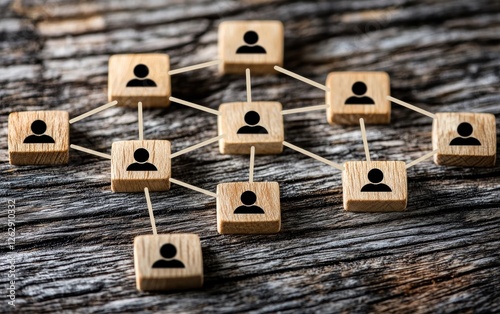 Conceptual image of a network diagram representing connections between individuals using wooden blocks on a rustic background.