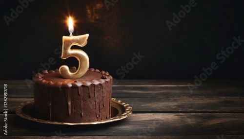 5th Anniversary candle lit on a cake with copy space