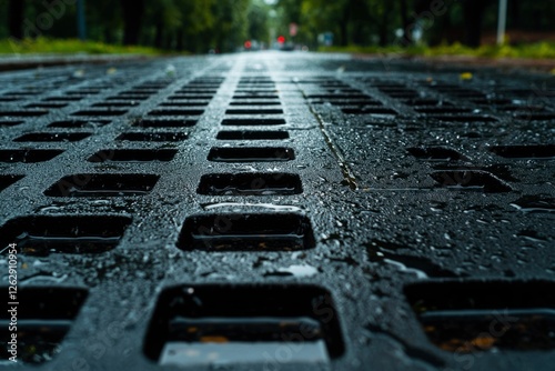 Rainy City Street Grid Closeup, Water on Pavement photo