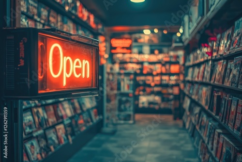 Neon open sign hanging in a dvd rental store