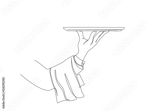 Continuous one line drawing of hand holding tray. Waiter hand holding tray  in single line draw illustration. Editable stroke.