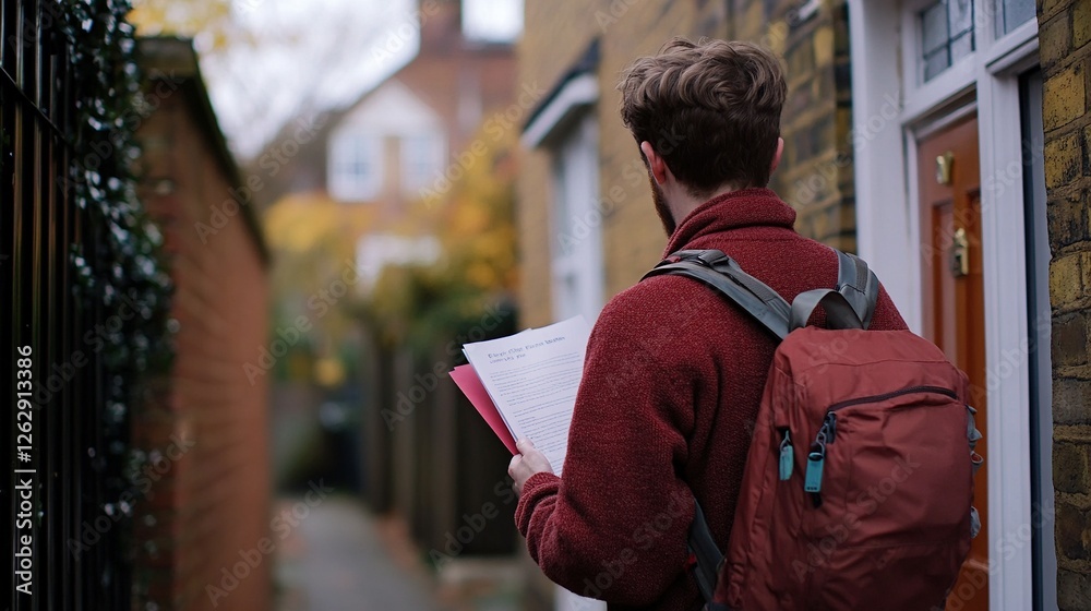 Fototapeta premium A volunteer knocking on doors, sharing leaflets and ideas, engaging in discussions that shape local communities and national policies.