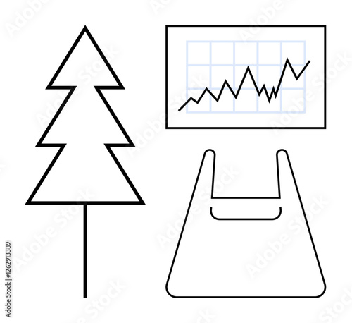 Simplified tree represents nature, rising line graph signals growth, plastic bag implies commerce. Ideal for sustainability, business growth, environmental impact, eco-friendly practices, commerce