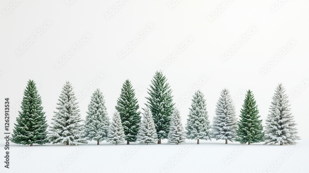 Obraz premium A row of evergreen trees in the snow. Christmas tree collection with christmas tree. A snowy background with a white snow. A line of coniferous trees lifestyle surrounded by snow.