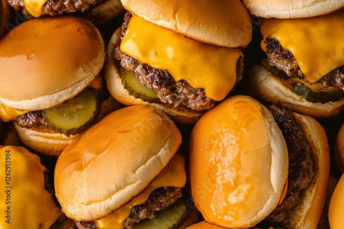 Close up view of many mini cheeseburgers photo