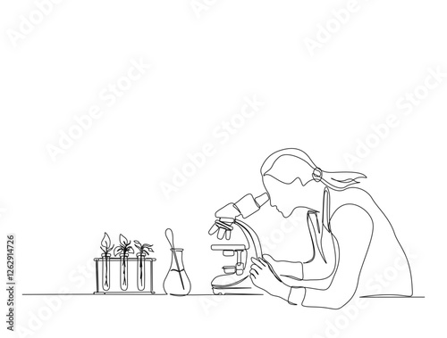 Continuous one line drawing of female scientist working with microscope in laboratory. Research and science concept in single line draw illustration. Editable stroke.