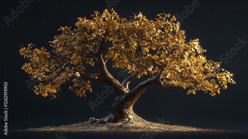 Golden autumn tree stands gracefully against a dark background, showcasing nature's beauty. Generative AI