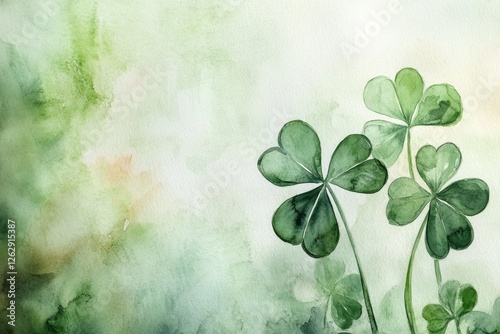Green clover painted in watercolor on white background evokes Irish charm, with space for text