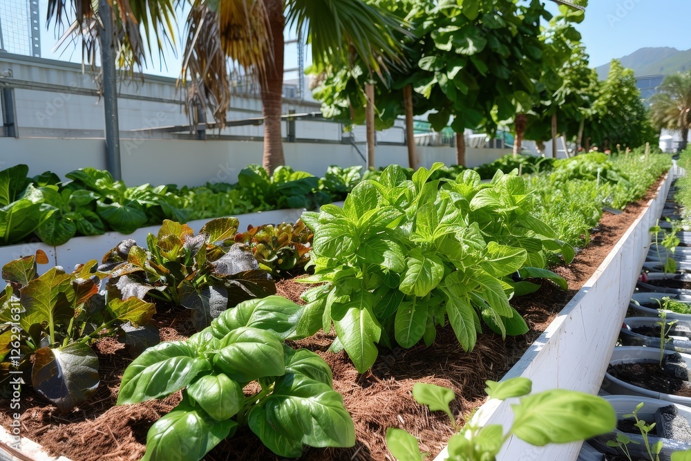 Vibrant rooftop garden showcasing fresh vegetables and herbs in urban setting with greenery and clear blue sky Vibrant rooftop garden showcasing fresh vegetables and herbs in urban setting with greenery and clear blue sky