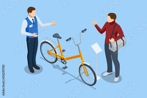 An isometric, vector illustration of a customer talking to a bicycle shop employee while considering the purchase of a yellow city bike.