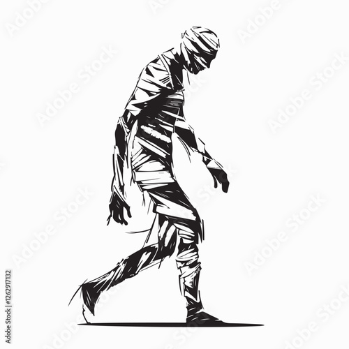 Creepy Mummy Walking with a Mysterious Pose in a Dramatic Horror Vector Illustration