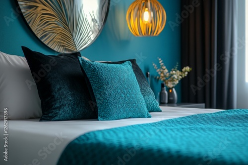 Stylish modern bedroom with teal decor and decorative lamp for a cozy atmosphere