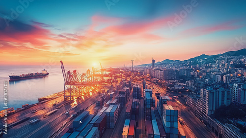 Container truck in ship port for business Logistics and transportation of Container Cargo ship and Cargo plane with working crane bridge in shipyard at sunrise, logistic import export and transport
